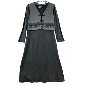 Byer Studio Maxi Dress Womens 14 Grey Embroidered Vest Frog Closure Long Sleeve